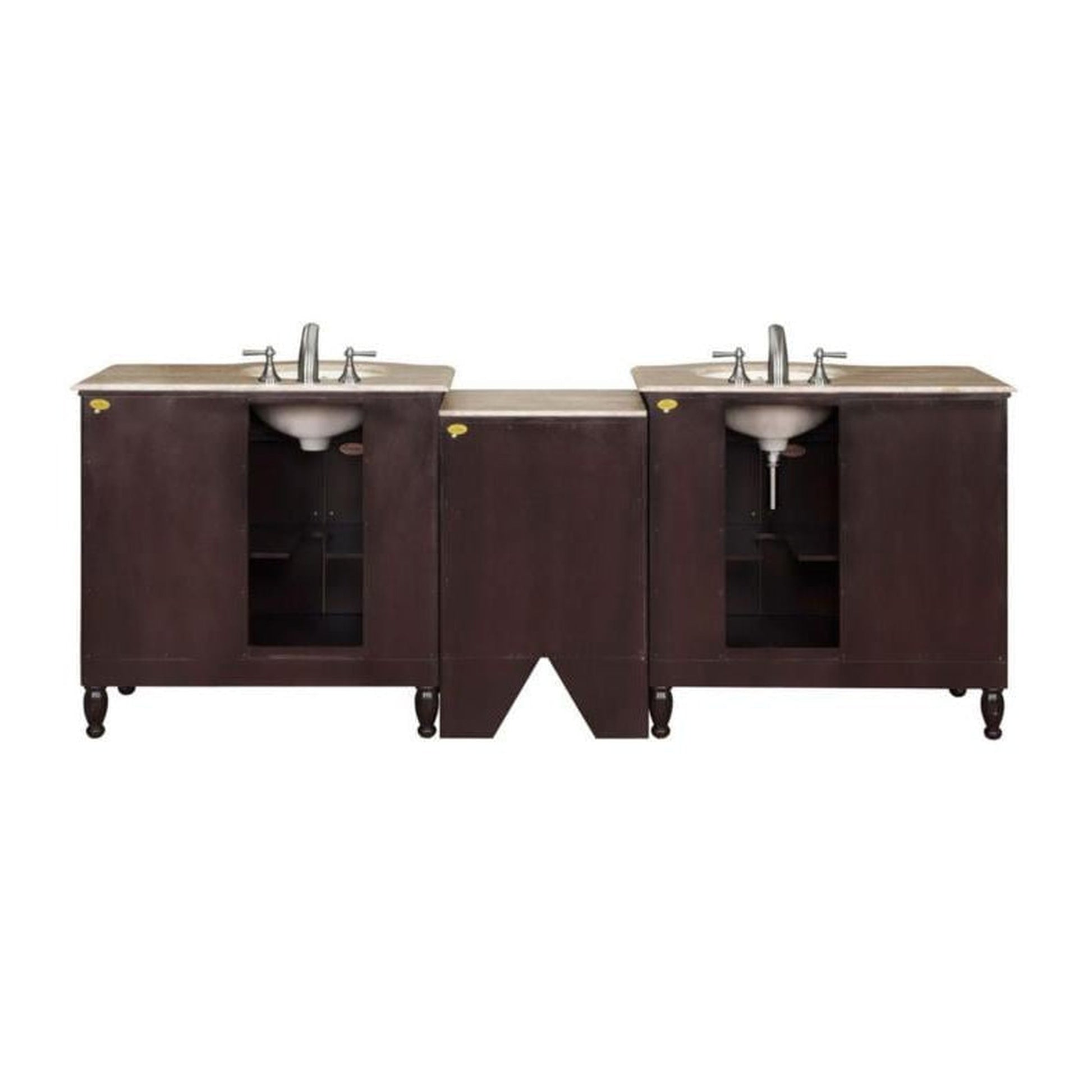 Silkroad Exclusive 95" Double Sink Dark Walnut Bathroom Modular Vanity With Travertine Countertop and Ivory Ceramic Undermount Sink