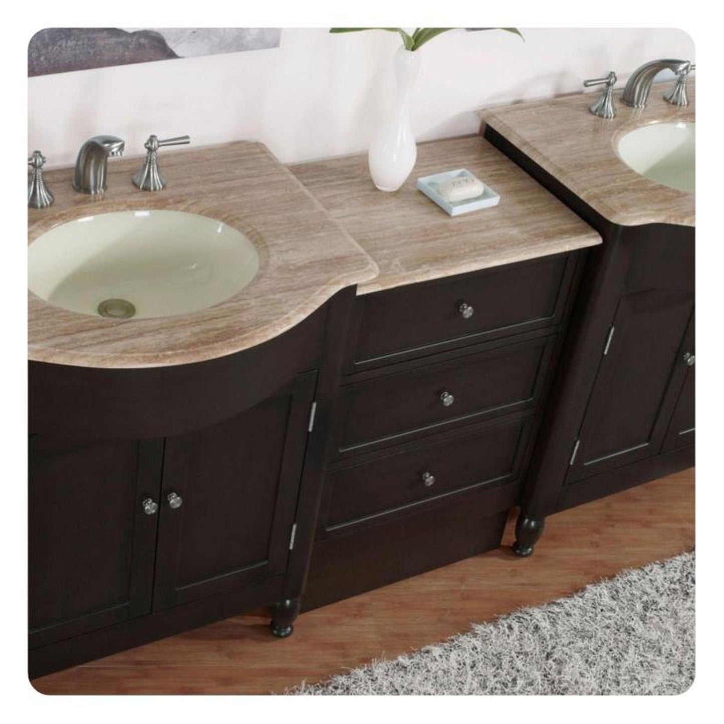 Silkroad Exclusive 95" Double Sink Dark Walnut Bathroom Modular Vanity With Travertine Countertop and Ivory Ceramic Undermount Sink