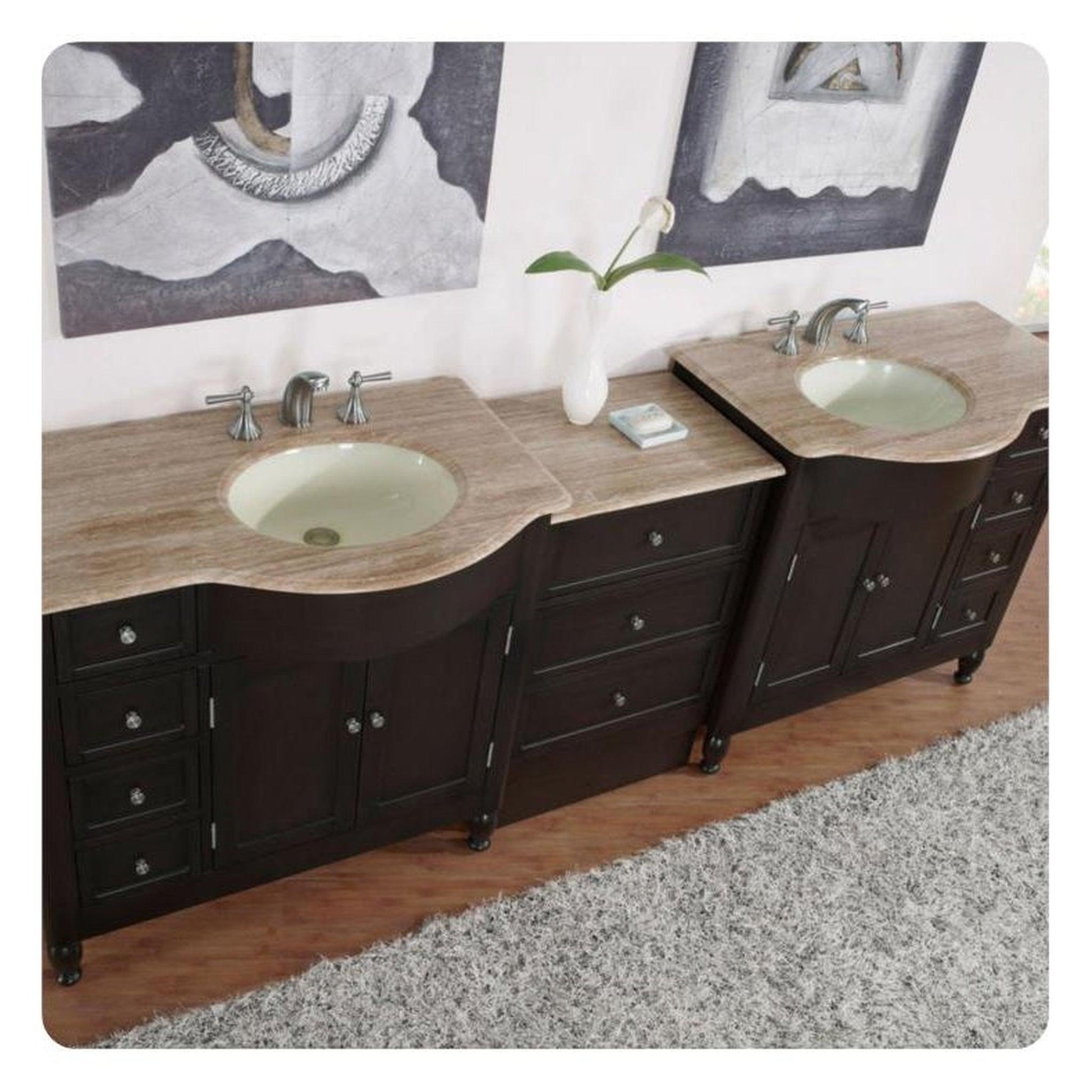 Silkroad Exclusive 95" Double Sink Dark Walnut Bathroom Modular Vanity With Travertine Countertop and Ivory Ceramic Undermount Sink