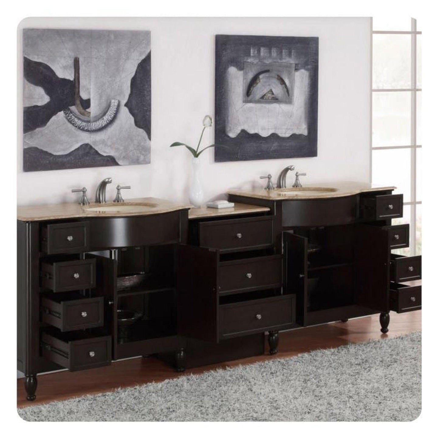 Silkroad Exclusive 95" Double Sink Dark Walnut Bathroom Modular Vanity With Travertine Countertop and Ivory Ceramic Undermount Sink