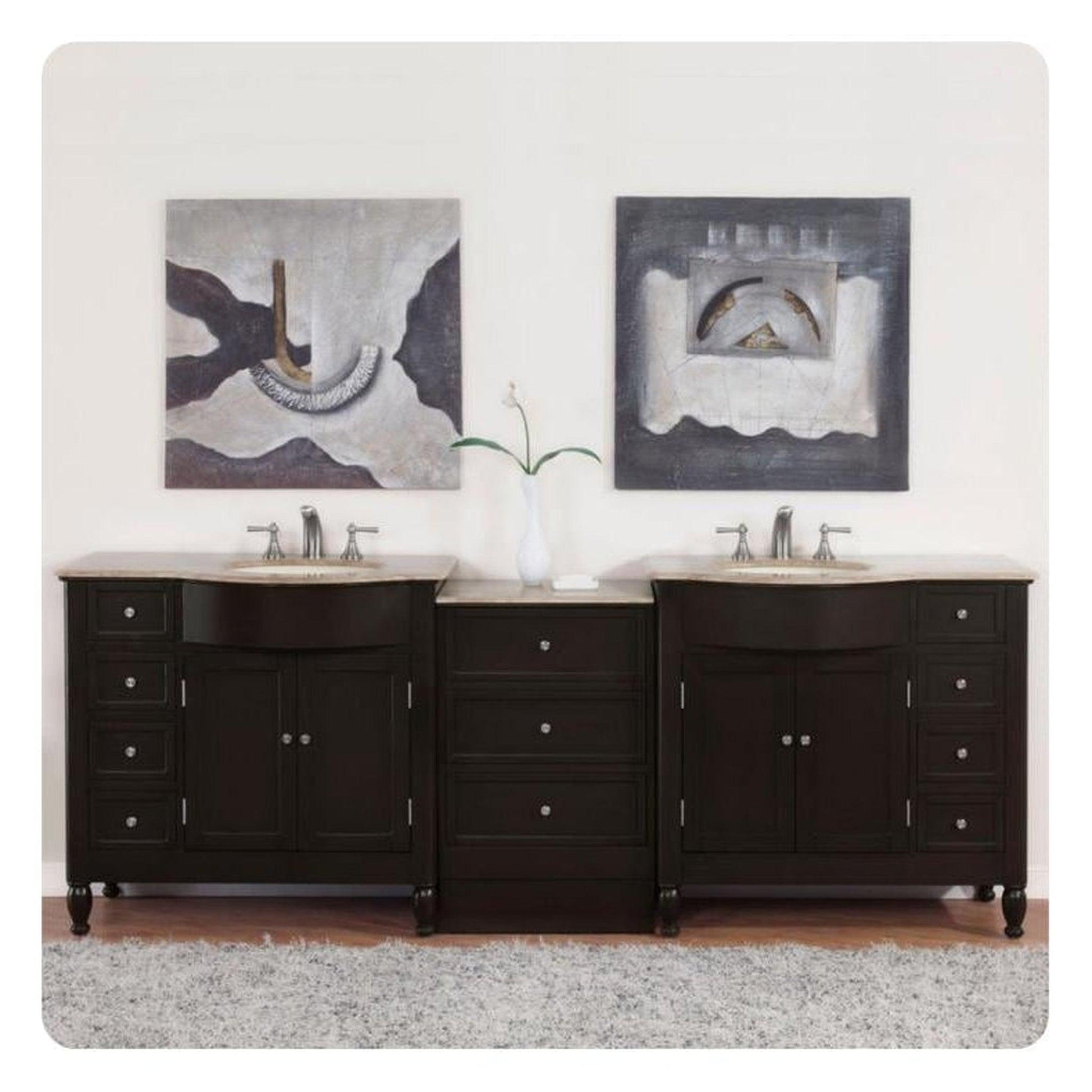 Silkroad Exclusive 95" Double Sink Dark Walnut Bathroom Modular Vanity With Travertine Countertop and Ivory Ceramic Undermount Sink