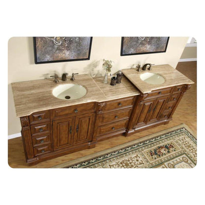 Silkroad Exclusive 95" Double Sink Walnut Modular Bathroom Vanity With Travertine Countertop and Ivory Ceramic Undermount Sink