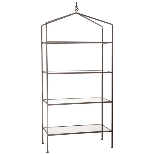 Stone County Ironworks Basketweave 37" 4-Tier Chalk White Iron Standing Shelf With Distressed Pine Wood Finish Top