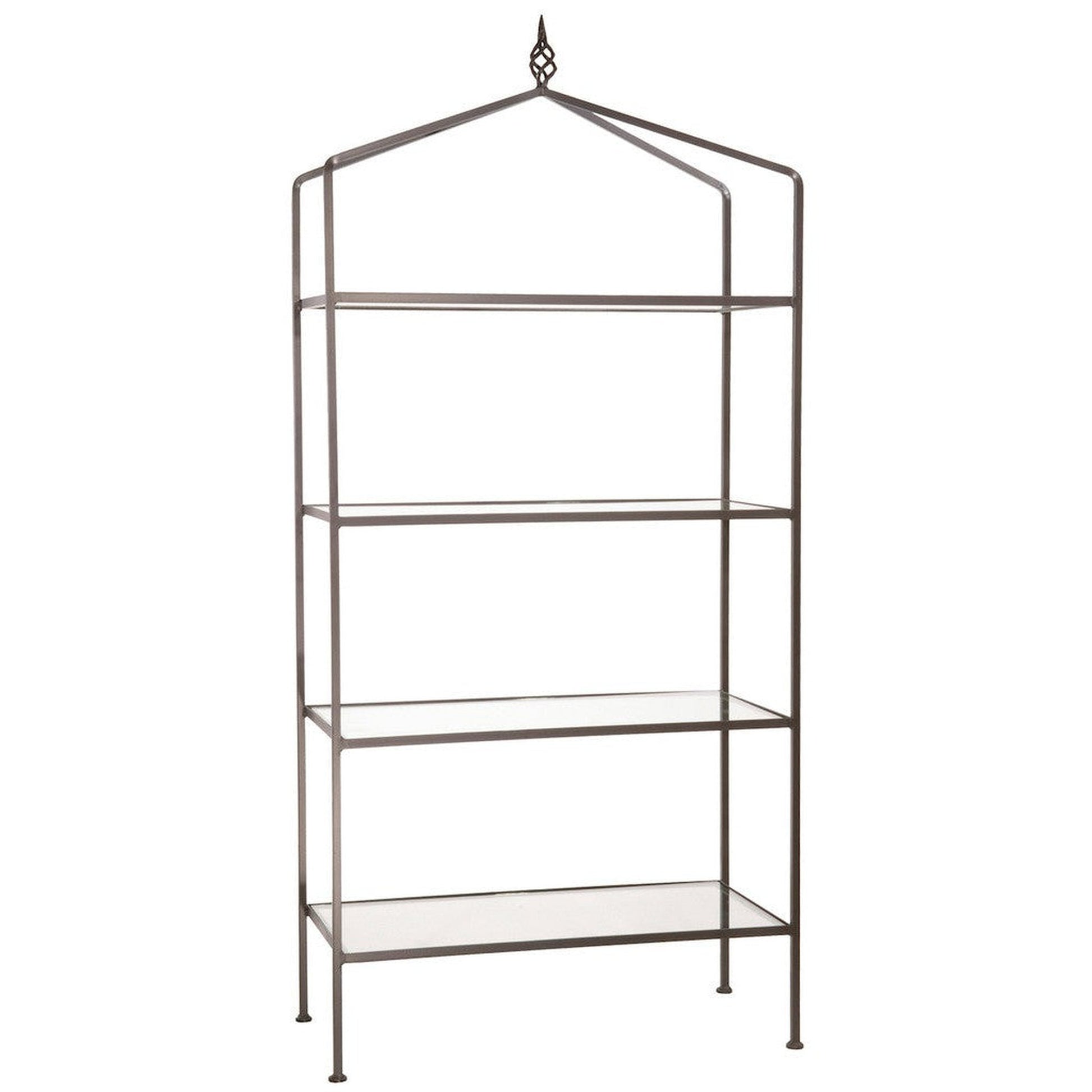 Stone County Ironworks Basketweave 37" 4-Tier Natural Black Iron Standing Shelf With Polished Flat Edge Glass Top