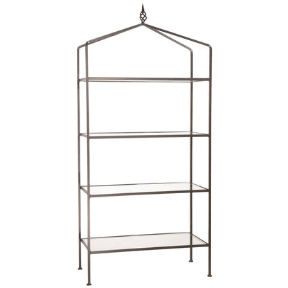Stone County Ironworks Basketweave 37" 4-Tier Woodland Brown Iron Standing Shelf With Polished Flat Edge Glass Top