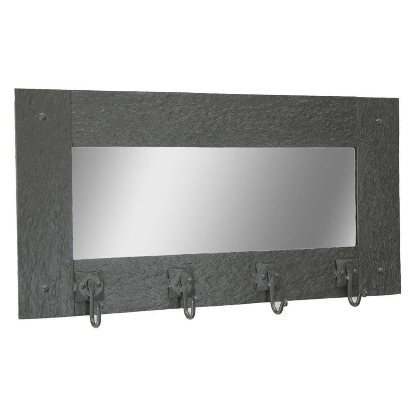 Stone County Ironworks Cedarvale 24" Small Burnished Gold Iron Wall Mirror Coat Rack With Copper Iron Accent and 4 Hooks