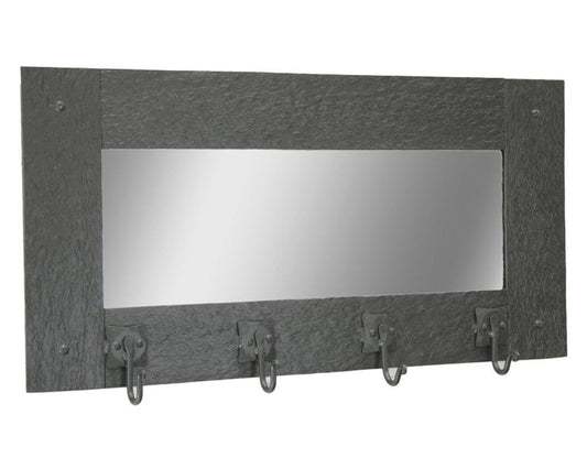 Stone County Ironworks Cedarvale 24" Small Burnished Gold Iron Wall Mirror Coat Rack With Pewter Iron Accent and 4 Hooks