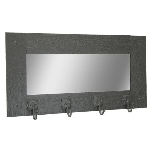 Stone County Ironworks Cedarvale 40" Large Satin Black Iron Wall Mirror Coat Rack With Pewter Iron Accent and 8 Hooks