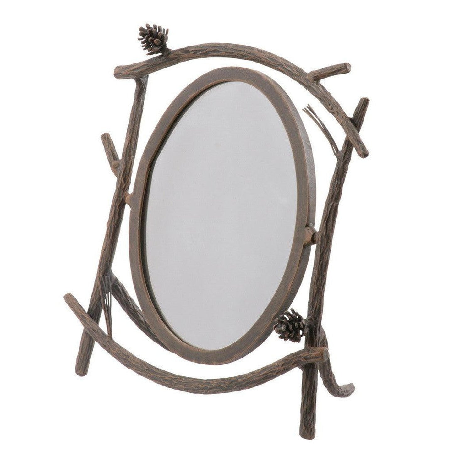 Stone County Ironworks Pine 12" Hand Rubbed Brass Iron Table Mirror With Pewter Iron Accent