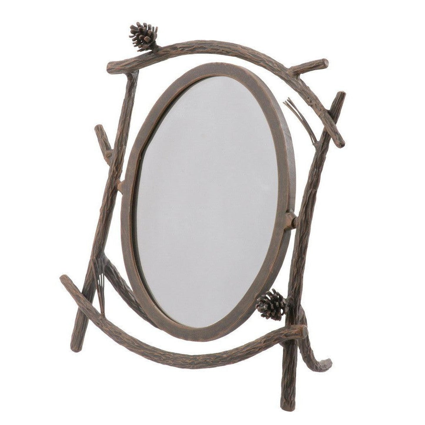 Stone County Ironworks Pine 12" Natural Bark Iron Table Mirror With Pewter Iron Accent