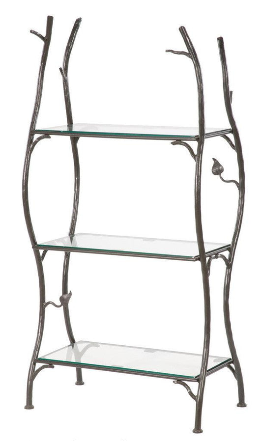 Stone County Ironworks Sassafras 28" 3-Tier Burnished Gold Iron Standing Shelf With Copper Iron Accent and Walnut Wood Finish Top