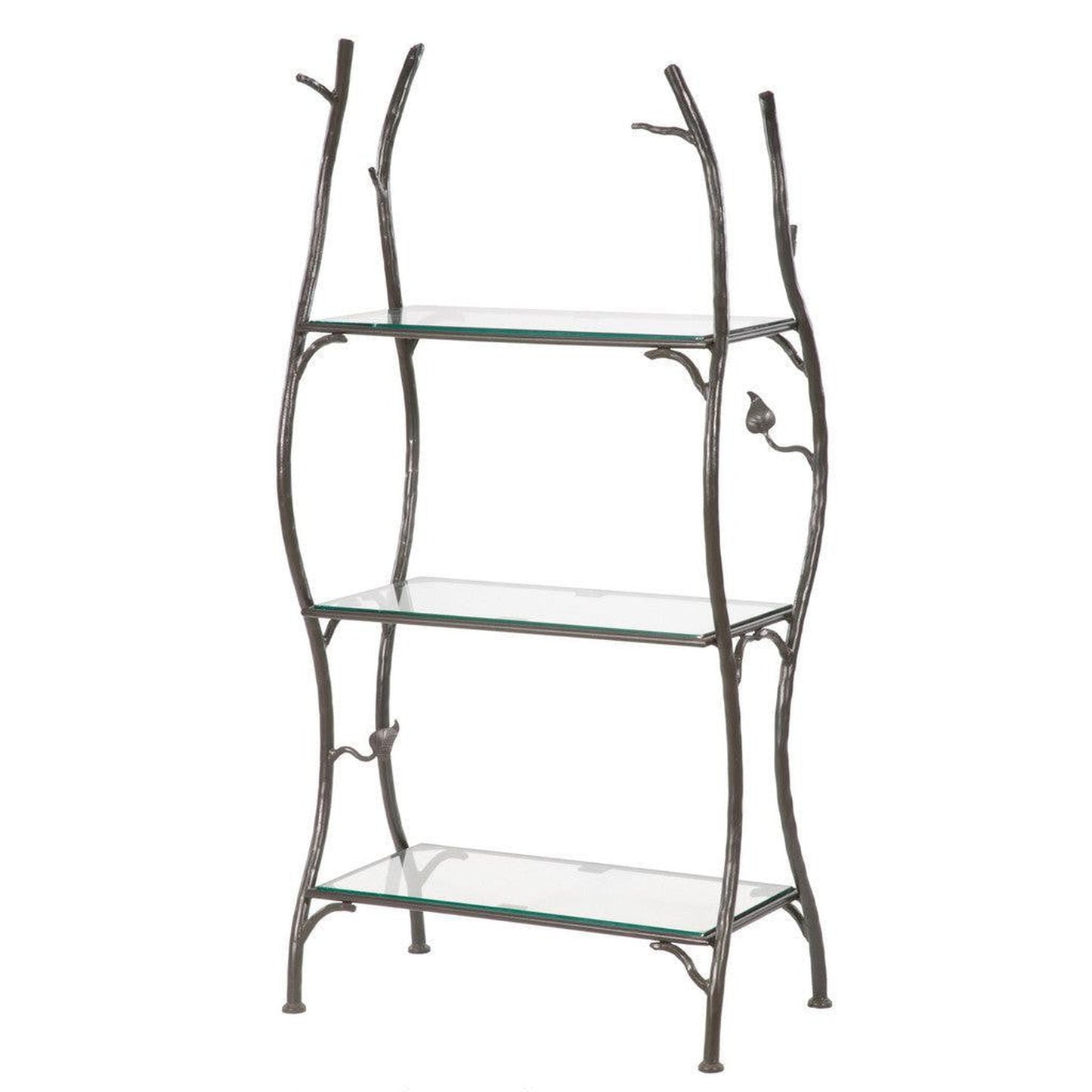 Stone County Ironworks Sassafras 28" 3-Tier Burnished Gold Iron Standing Shelf With Gold Iron Accent and Polished Flat Edge Glass Top