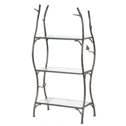 Stone County Ironworks Sassafras 28" 3-Tier Burnished Gold Iron Standing Shelf With Pewter Iron Accent and Timberline Knotty Alder Wood Finish Top