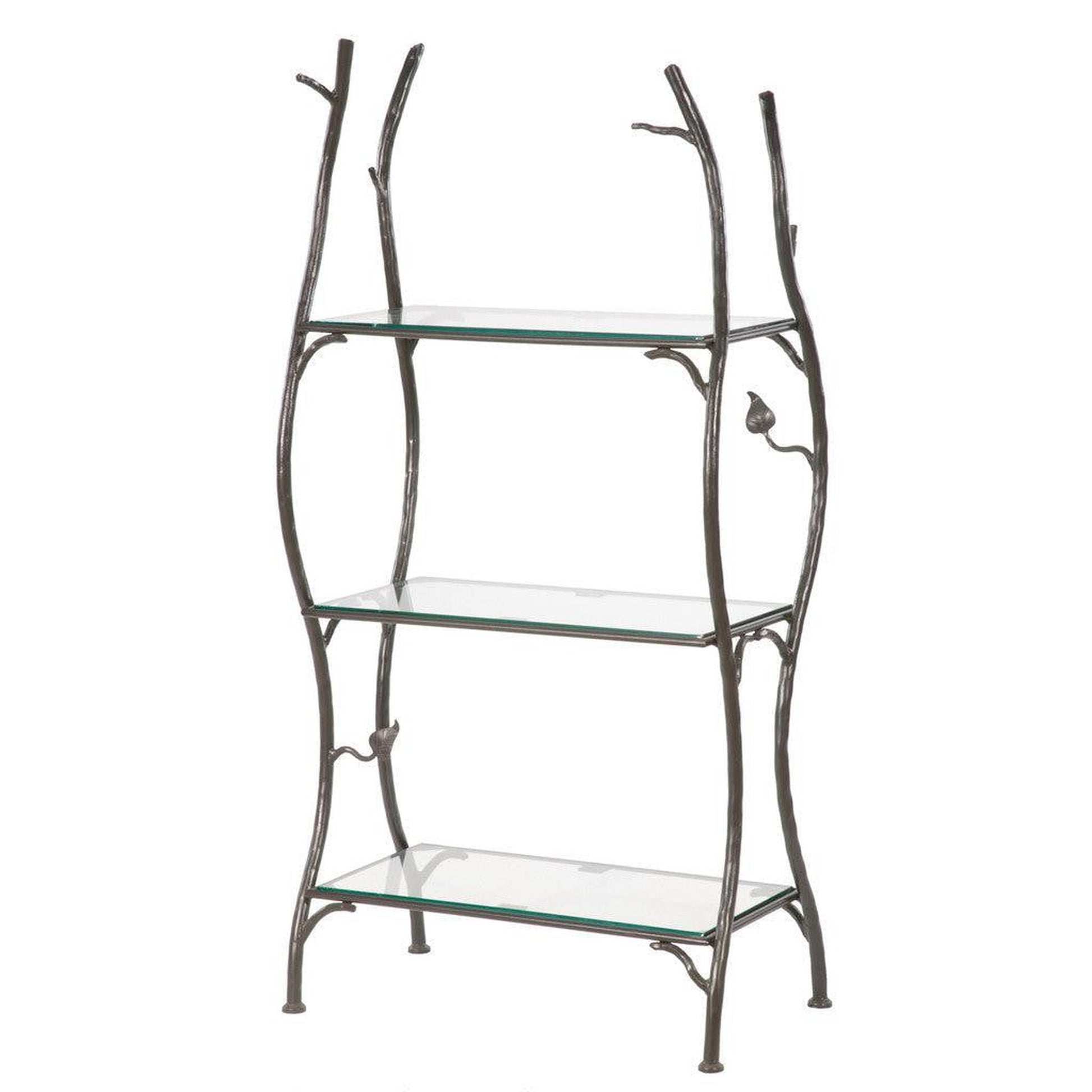 Stone County Ironworks Sassafras 28" 3-Tier Hand Rubbed Bronze Iron Standing Shelf With Timberline Knotty Alder Wood Finish Top
