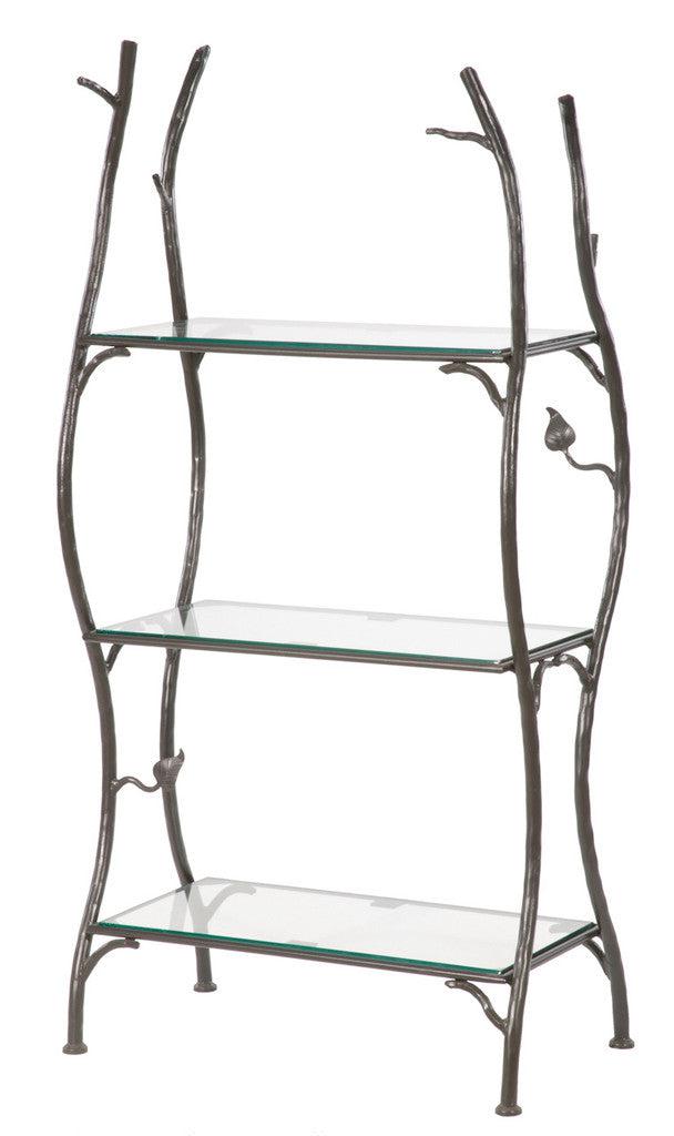 Stone County Ironworks Sassafras 28" 3-Tier Hand Rubbed Ivory Iron Standing Shelf With Pewter Iron Accent and Clear Oak Wood Finish Top