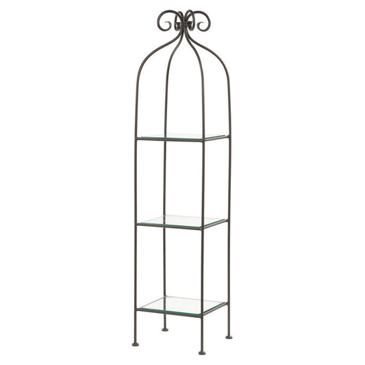 Stone County Ironworks Scroll 15" 3-Tier Chalk White Iron Standing Shelf With Copper Iron Accent and Polished Flat Edge Glass Top