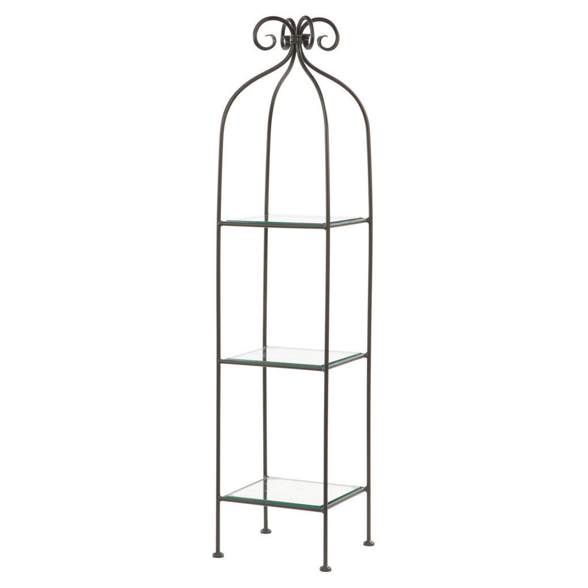 Stone County Ironworks Scroll 15" 3-Tier Chalk White Iron Standing Shelf With Gold Iron Accent and Polished Flat Edge Glass Top