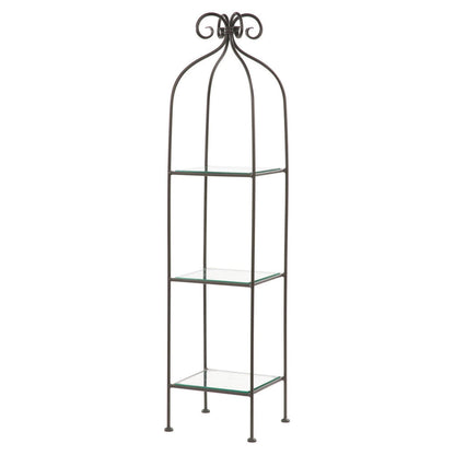 Stone County Ironworks Scroll 15" 3-Tier Chalk White Iron Standing Shelf With Polished Flat Edge Glass Top