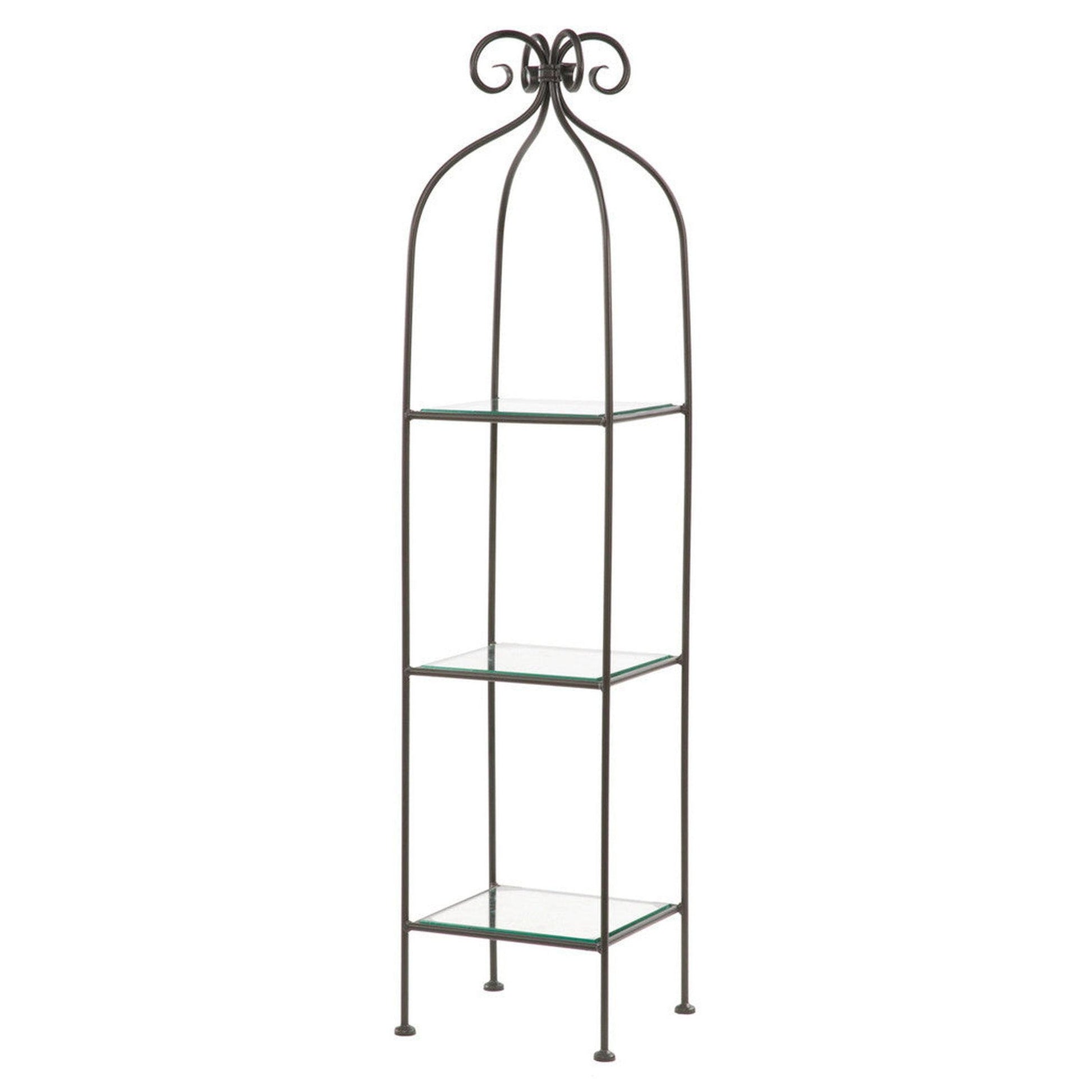 Stone County Ironworks Scroll 15" 3-Tier Hand Rubbed Bronze Iron Standing Shelf With Pewter Iron Accent and Polished Flat Edge Glass Top