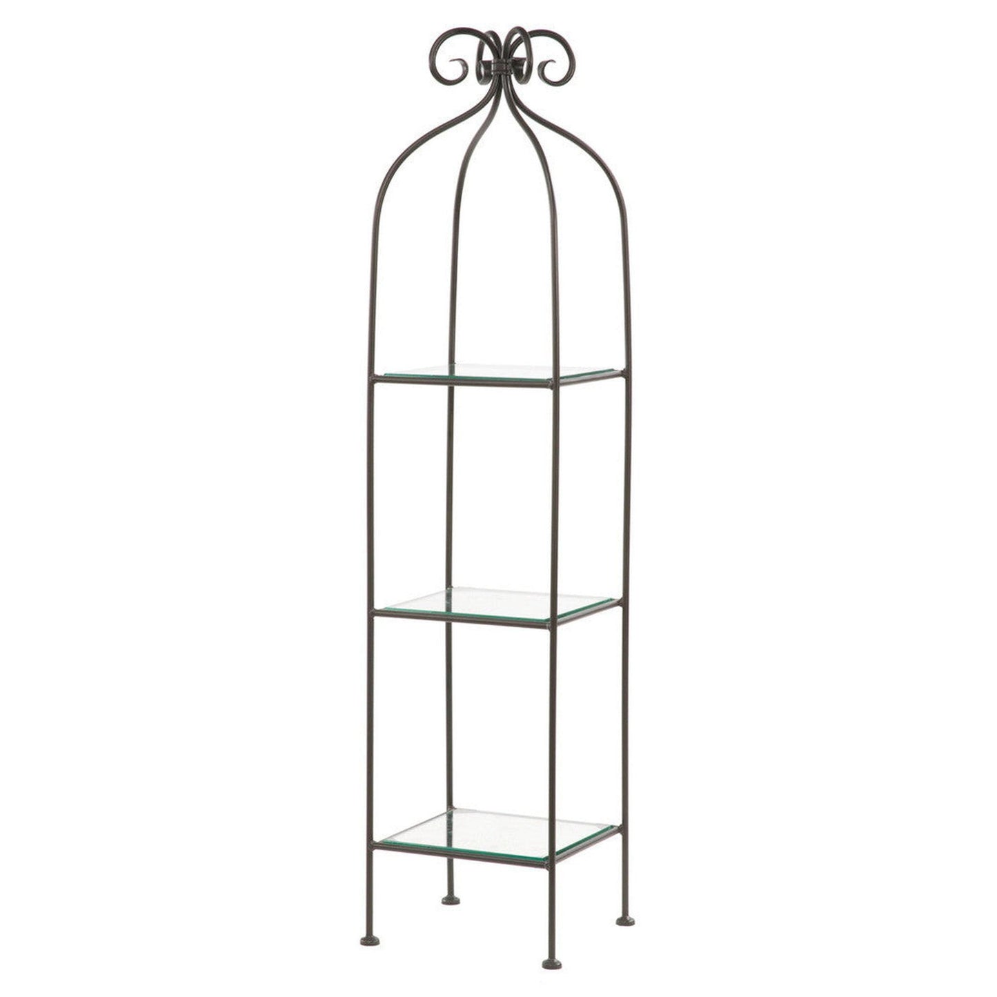 Stone County Ironworks Scroll 15" 3-Tier Satin Black Iron Standing Shelf With Copper Iron Accent and Polished Flat Edge Glass Top
