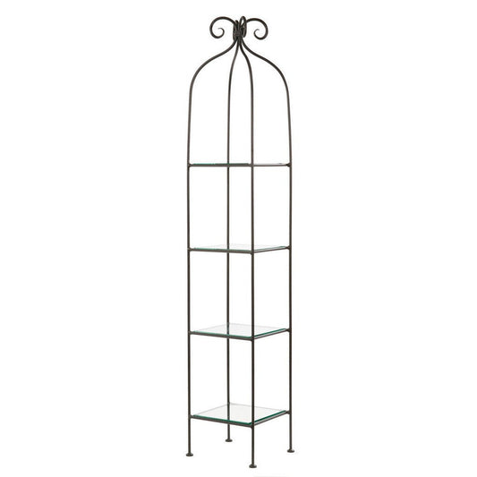 Stone County Ironworks Scroll 15" 4-Tier Hand Rubbed Brass Iron Standing Shelf With Clear Oak Wood Finish Top