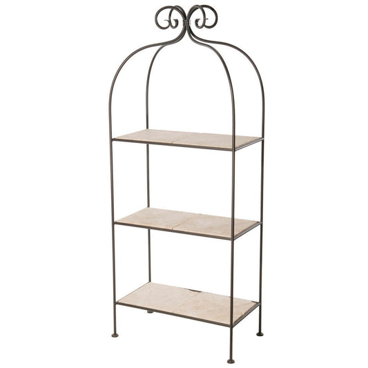 Stone County Ironworks Scroll 26" 3-Tier Burnished Gold Iron Standing Shelf With Copper Iron Accent and Polished Flat Edge Glass Top