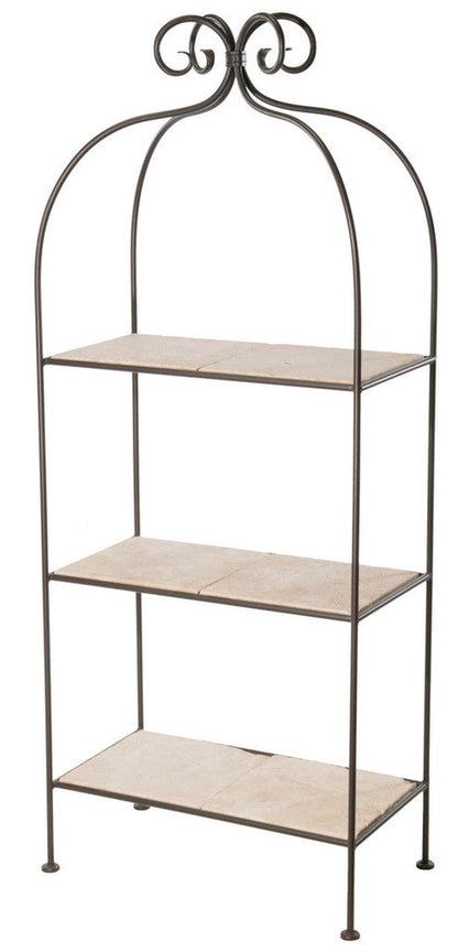 Stone County Ironworks Scroll 26" 3-Tier Burnished Gold Iron Standing Shelf With Copper Iron Accent and Walnut Wood Finish Top
