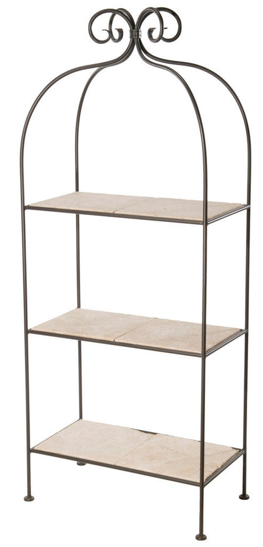 Stone County Ironworks Scroll 26" 3-Tier Burnished Gold Iron Standing Shelf With Gold Iron Accent and Polished Flat Edge Glass Top