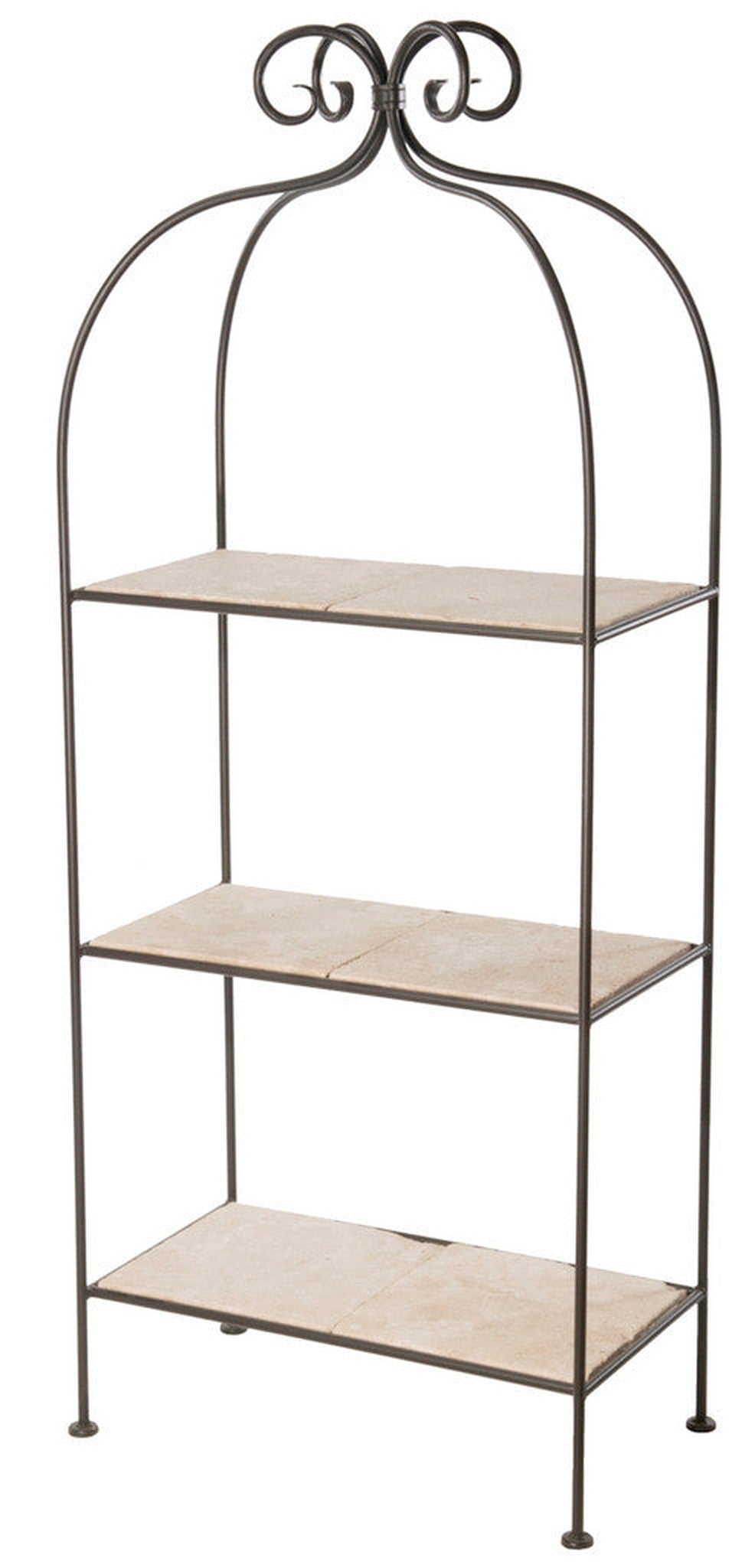 Stone County Ironworks Scroll 26" 3-Tier Chalk White Iron Standing Shelf With Copper Iron Accent and Cherry Wood Finish Top
