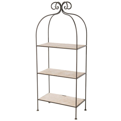 Stone County Ironworks Scroll 26" 3-Tier Chalk White Iron Standing Shelf With Copper Iron Accent and Cherry Wood Finish Top