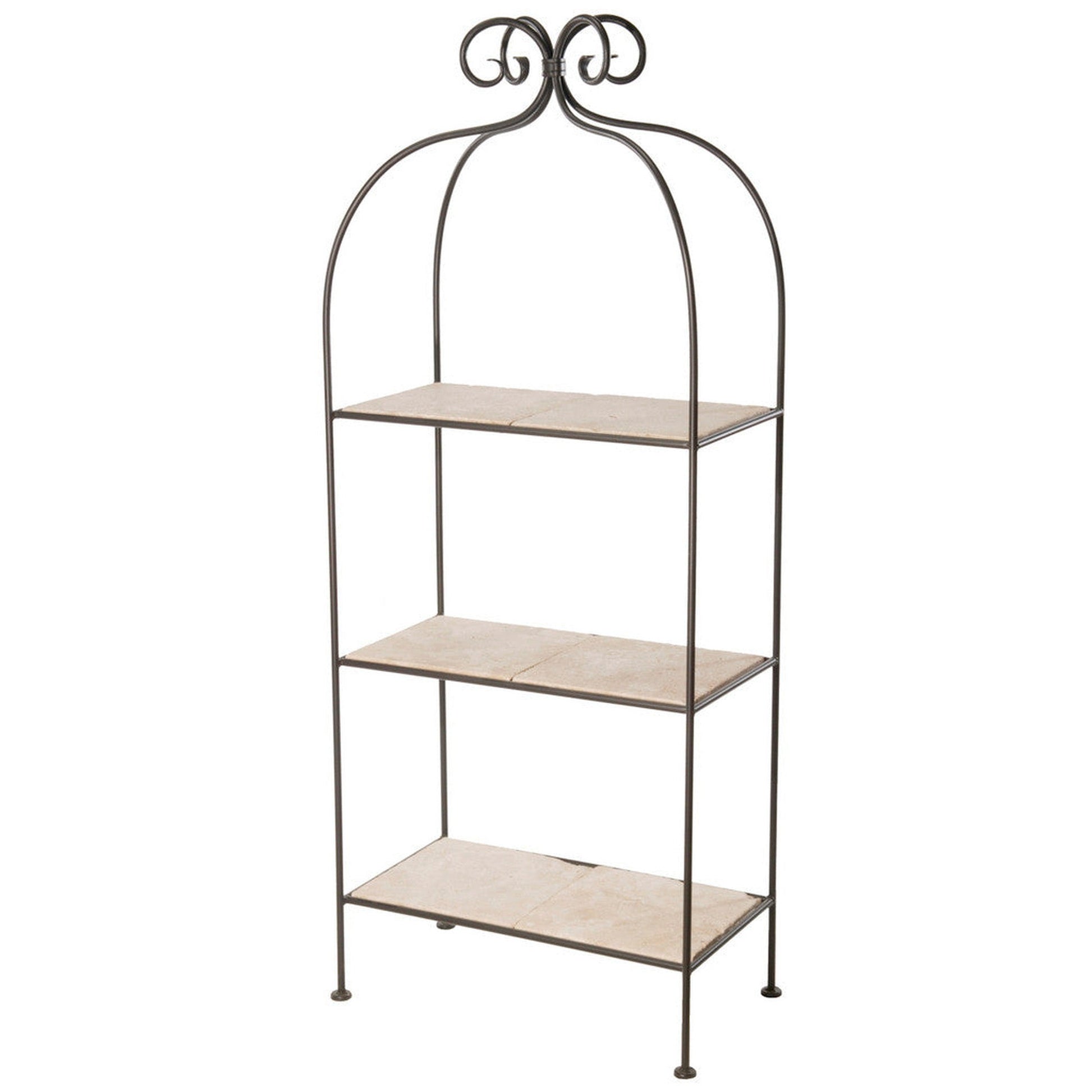 Stone County Ironworks Scroll 26" 3-Tier Chalk White Iron Standing Shelf With Copper Iron Accent and Clear Oak Wood Finish Top