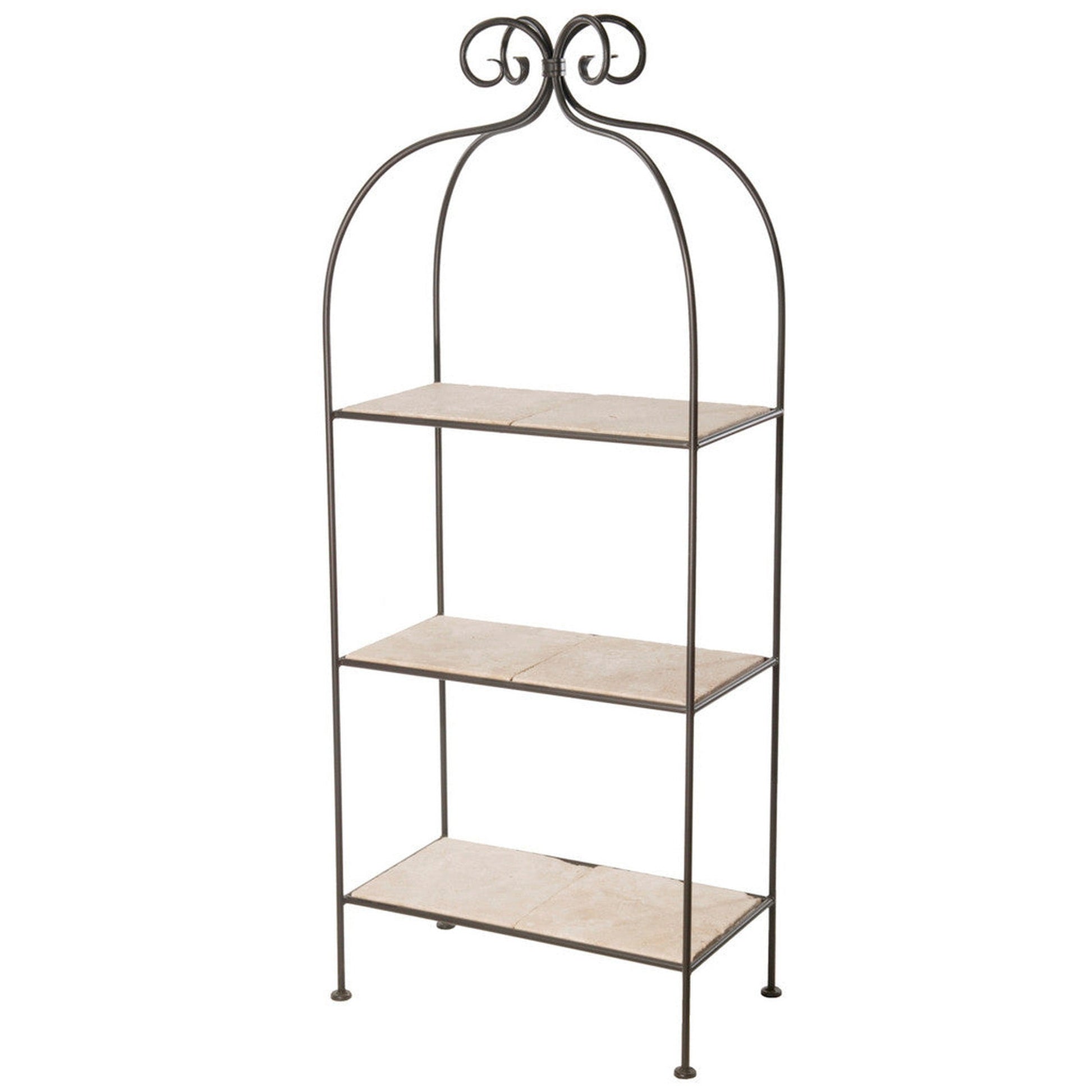 Stone County Ironworks Scroll 26" 3-Tier Chalk White Iron Standing Shelf With Timberline Knotty Alder Wood Finish Top