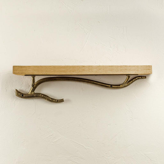 Stone County Ironworks Twig 25" Burnished Gold Iron Wall Shelf With Clear Oak Wood Finish Top
