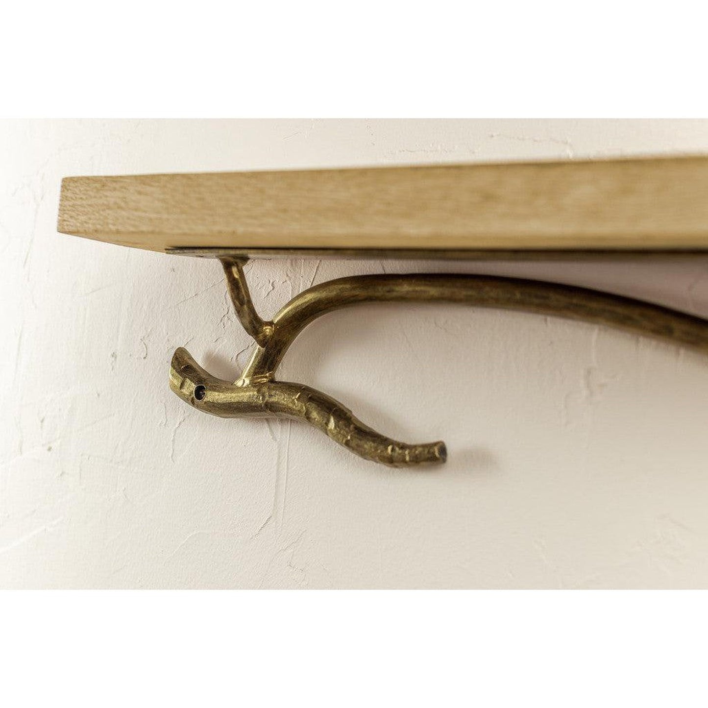 Stone County Ironworks Twig 25" Burnished Gold Iron Wall Shelf With Gold Iron Accent and Clear Oak Wood Finish Top