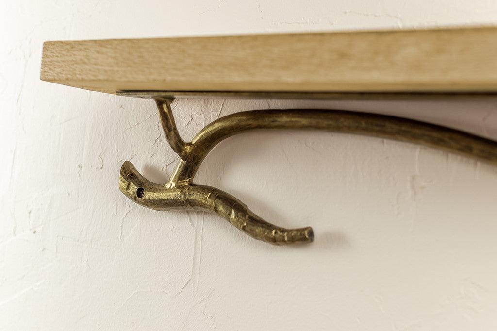 Stone County Ironworks Twig 25" Hand Rubbed Brass Iron Wall Shelf With Copper Iron Accent and Ebony Oak Wood Finish Top
