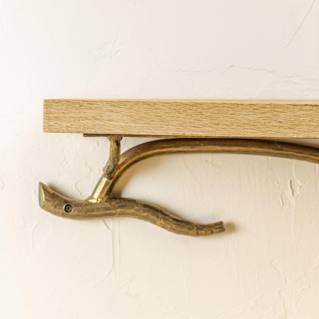 Stone County Ironworks Twig 25" Hand Rubbed Brass Iron Wall Shelf With Ebony Oak Wood Finish Top