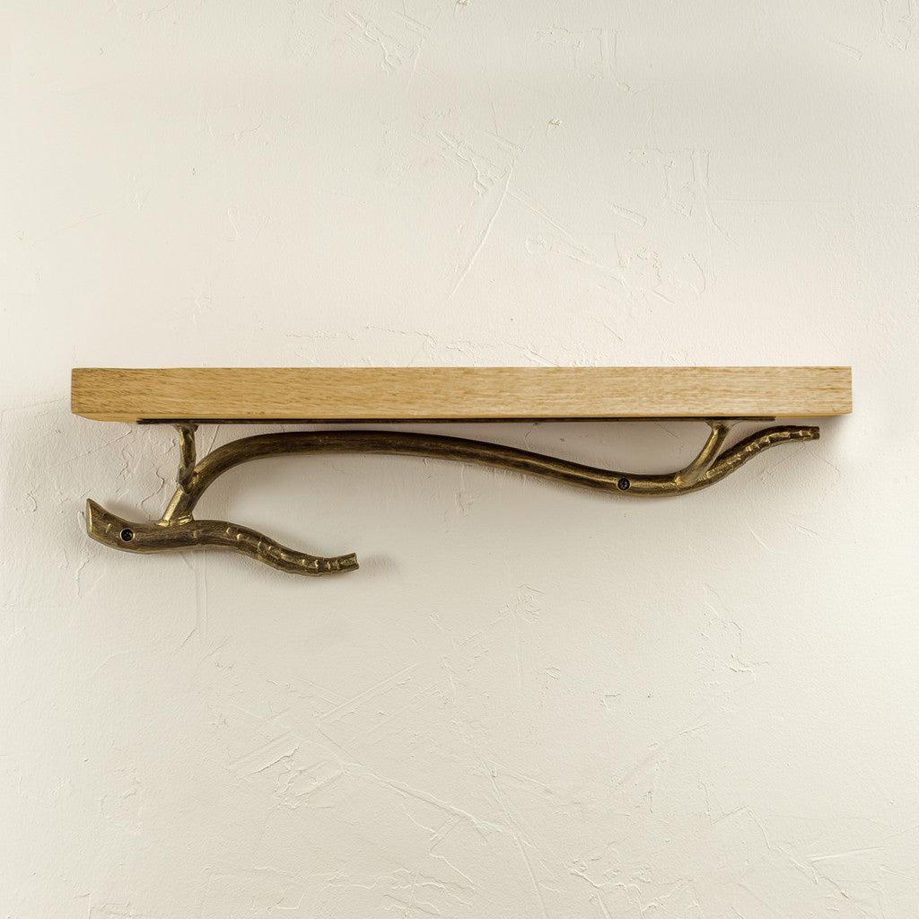 Stone County Ironworks Twig 25" Hand Rubbed Brass Iron Wall Shelf With Ebony Oak Wood Finish Top