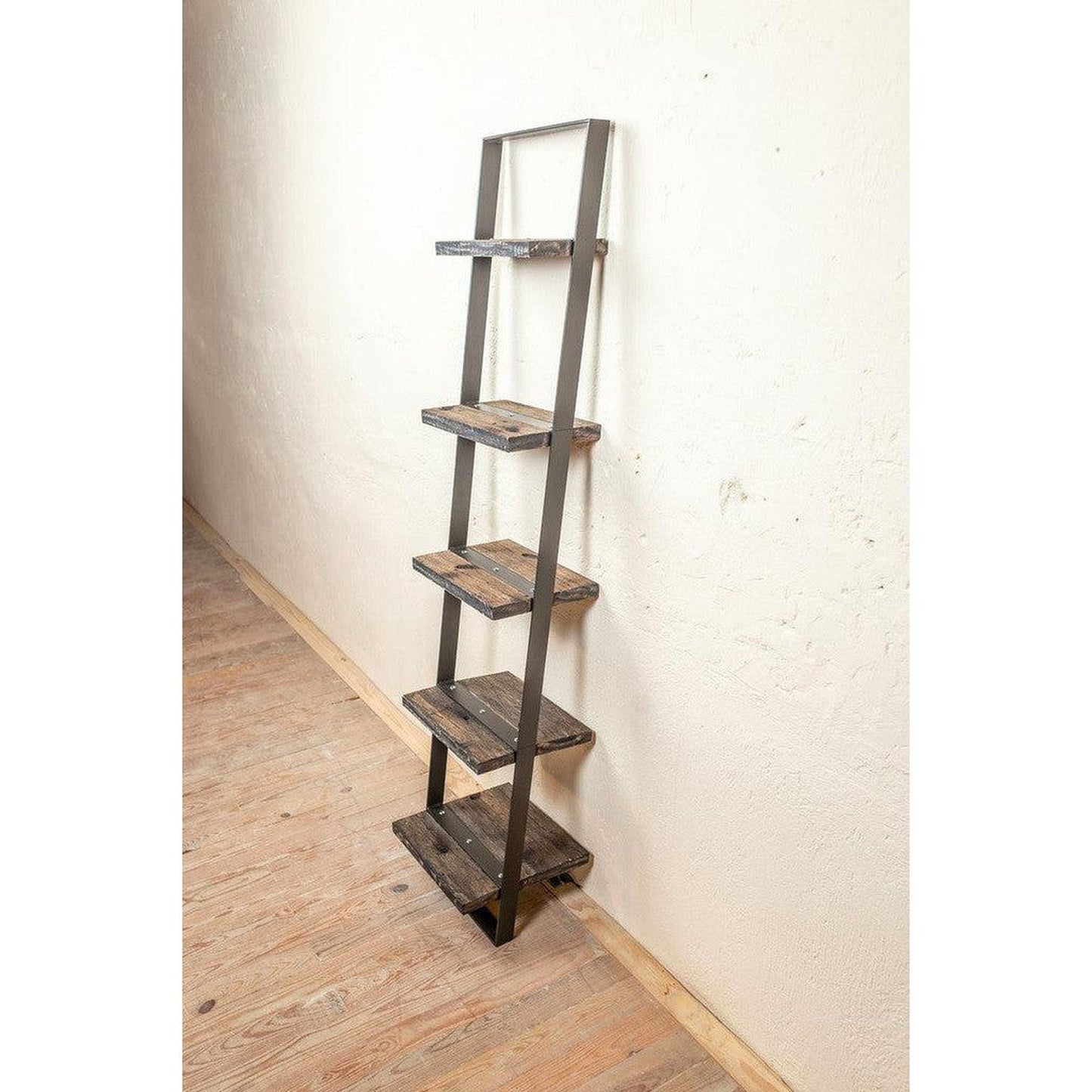 Stone County Ironworks Urban Forge 16" Burnished Gold Narrow Iron Ladder Wall Shelf With Gold Iron Accent and English Oak Wood Finish Top