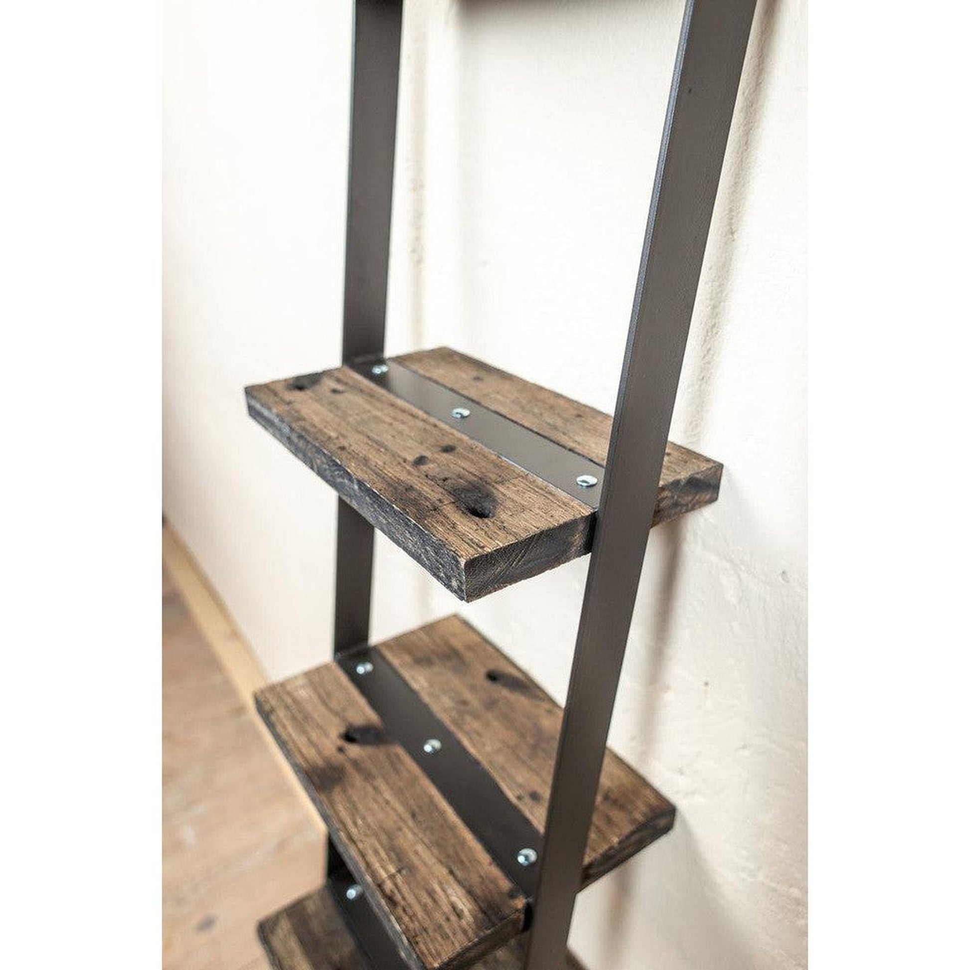Stone County Ironworks Urban Forge 16" Hand Rubbed Brass Narrow Iron Ladder Wall Shelf With Oil Stained Oak Wood Finish