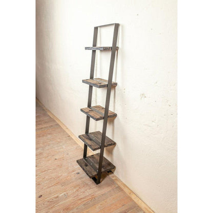 Stone County Ironworks Urban Forge 16" Hand Rubbed Bronze Narrow Iron Ladder Wall Shelf With Copper Iron Accent and Natural Oak Wood Finish Top