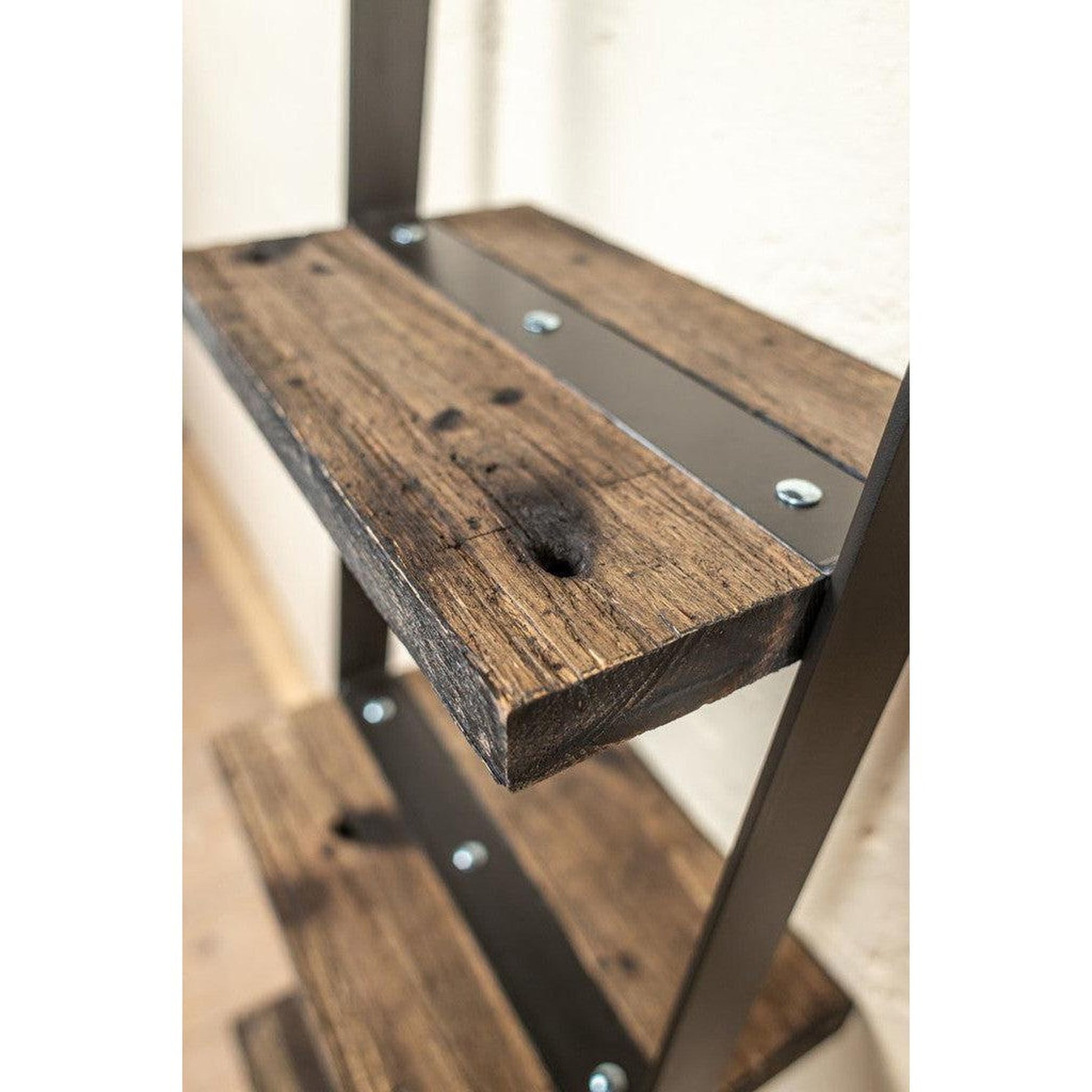 Stone County Ironworks Urban Forge 16" Hand Rubbed Pewter Narrow Iron Ladder Wall Shelf With Oil Stained Oak Wood Finish