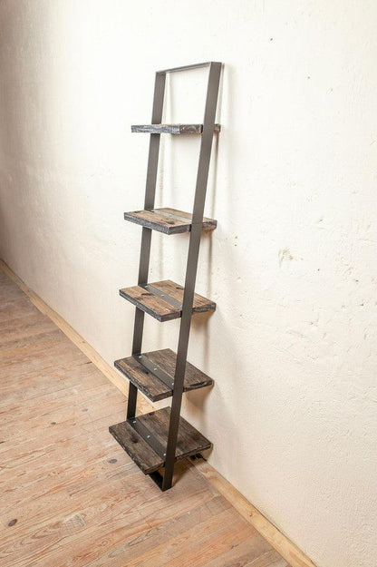 Stone County Ironworks Urban Forge 16" Hand Rubbed Pewter Narrow Iron Ladder Wall Shelf With Oil Stained Oak Wood Finish
