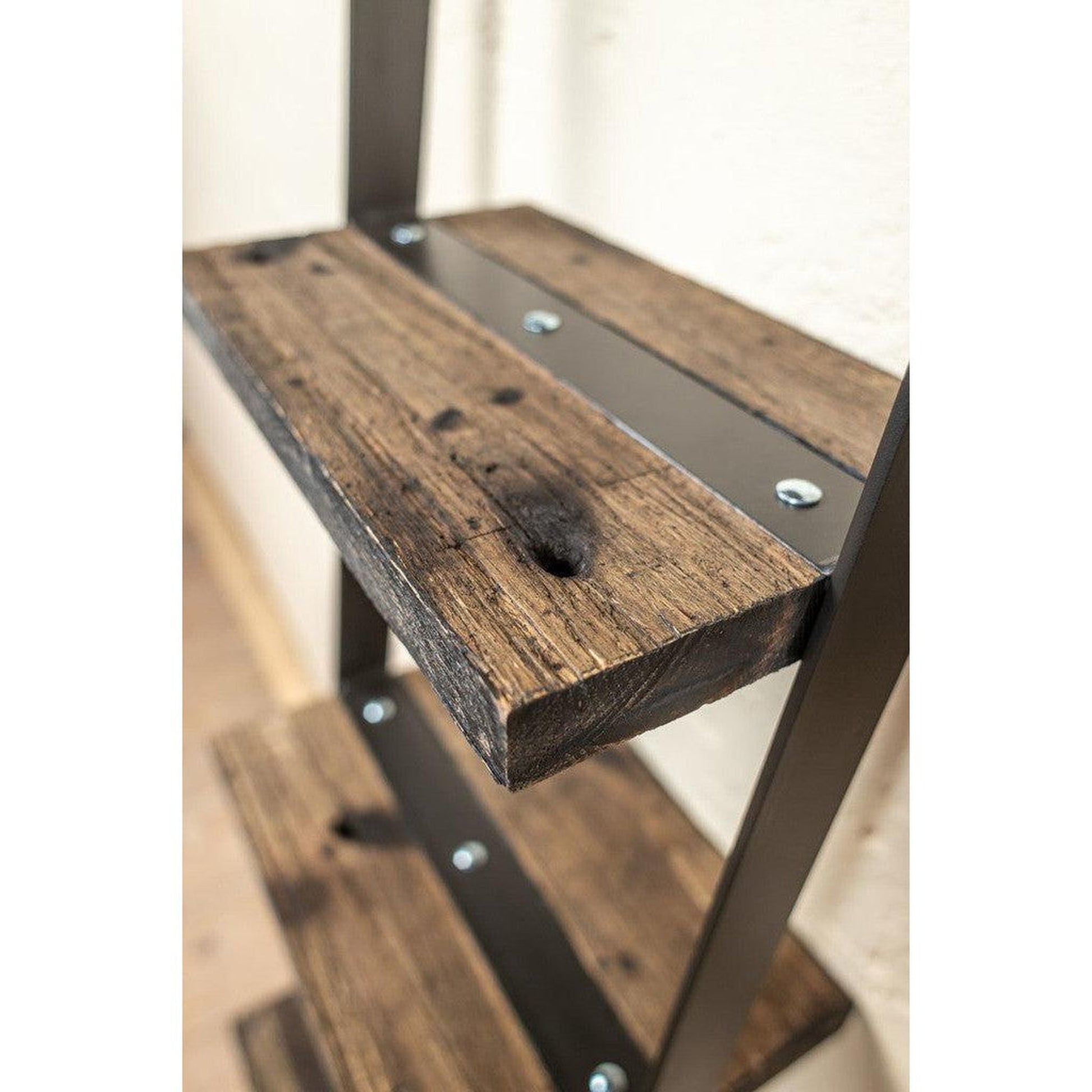 Stone County Ironworks Urban Forge 16" Natural Black Narrow Iron Ladder Wall Shelf With Oil Stained Oak Wood Finish