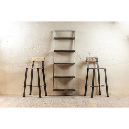 Stone County Ironworks Urban Forge 24" Burnished Gold Iron Ladder Wall Shelf With Copper Iron Accent and Natural Oak Wood Finish Top