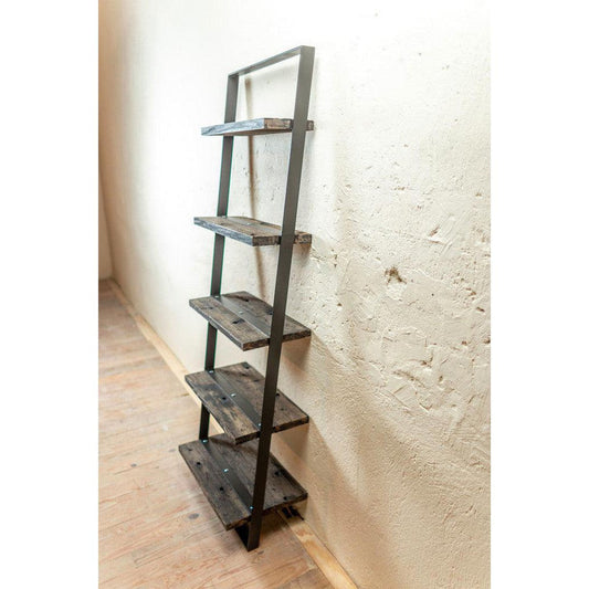 Stone County Ironworks Urban Forge 24" Burnished Gold Iron Ladder Wall Shelf With Copper Iron Accent and Natural Oak Wood Finish Top