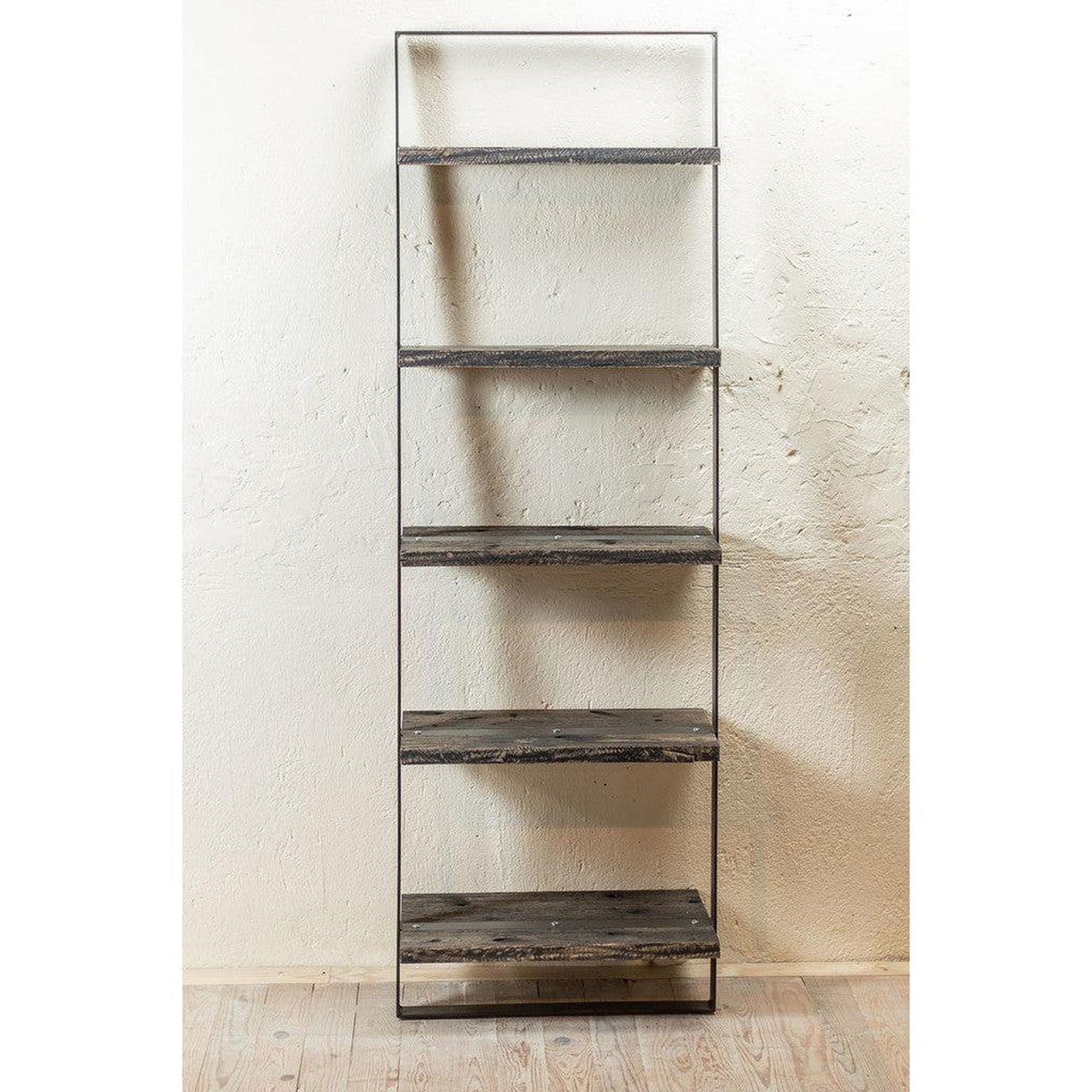 Stone County Ironworks Urban Forge 24" Burnished Gold Iron Ladder Wall Shelf With Oil Stained Oak Wood Finish