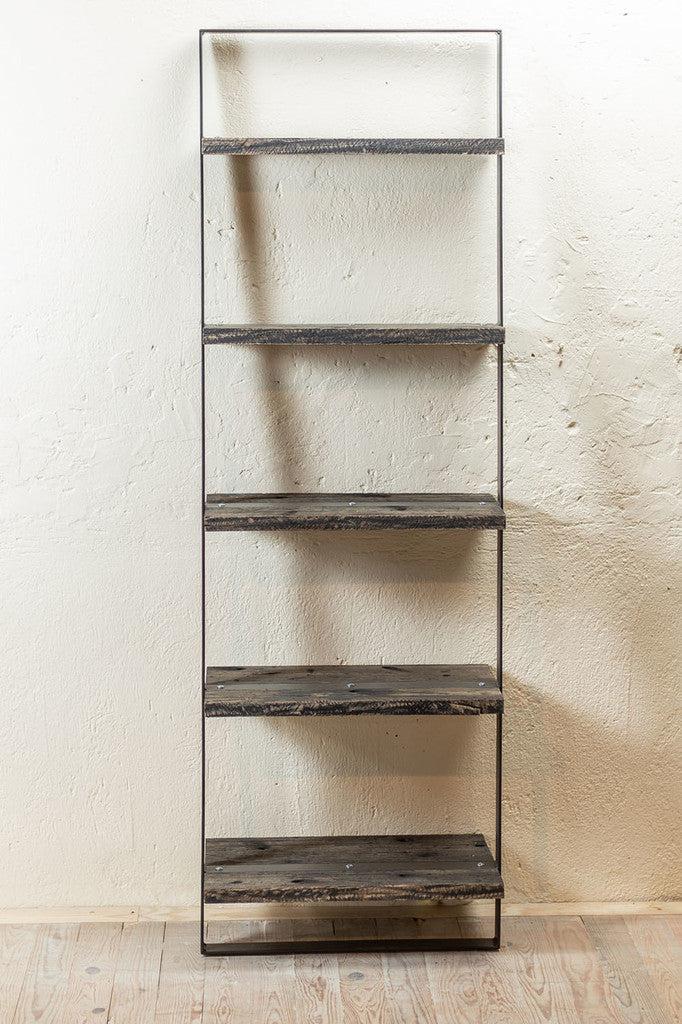 Stone County Ironworks Urban Forge 24" Burnished Gold Iron Ladder Wall Shelf With Pewter Iron Accent and English Oak Wood Finish Top