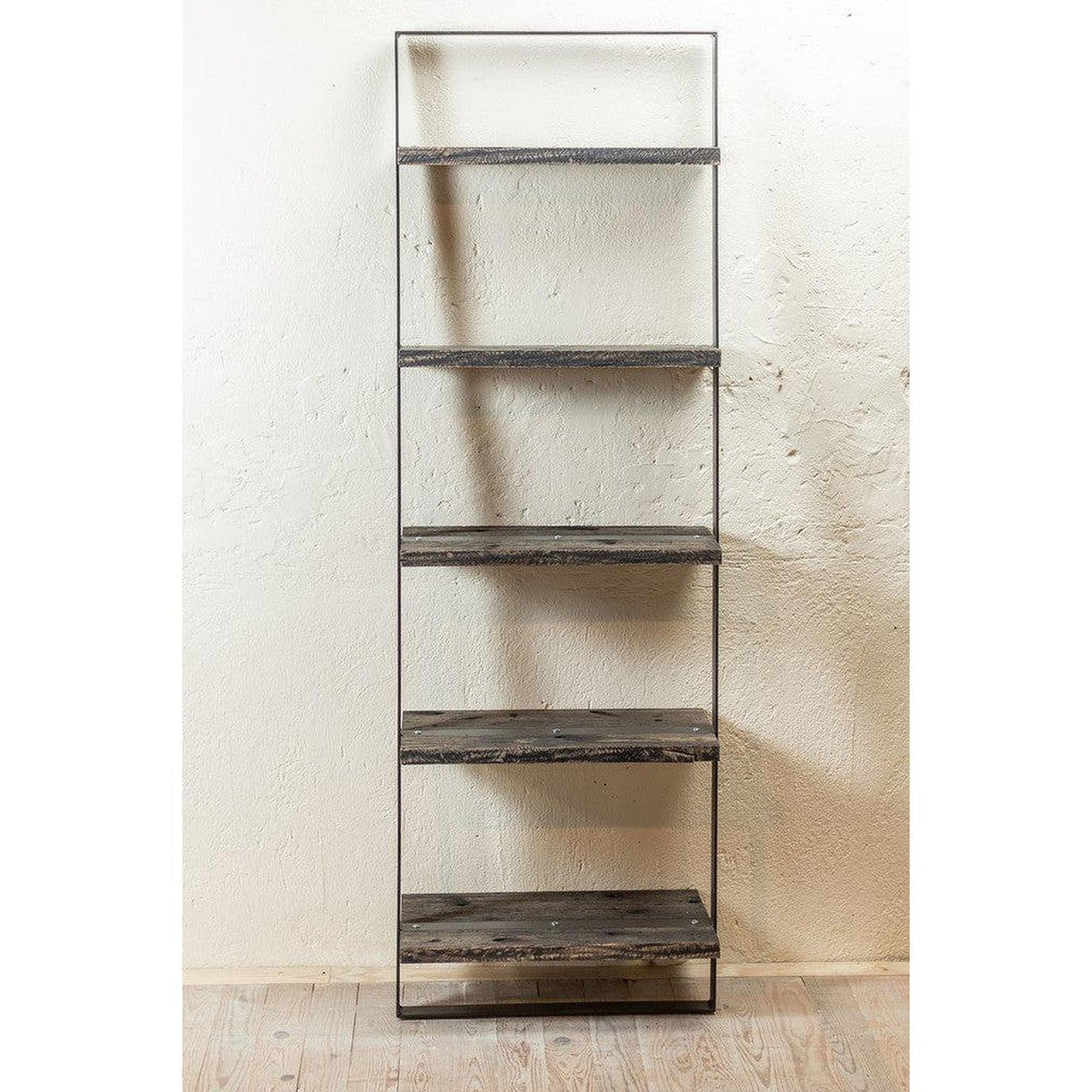 Stone County Ironworks Urban Forge 24" Burnished Gold Iron Ladder Wall Shelf With Pewter Iron Accent and Natural Oak Wood Finish Top