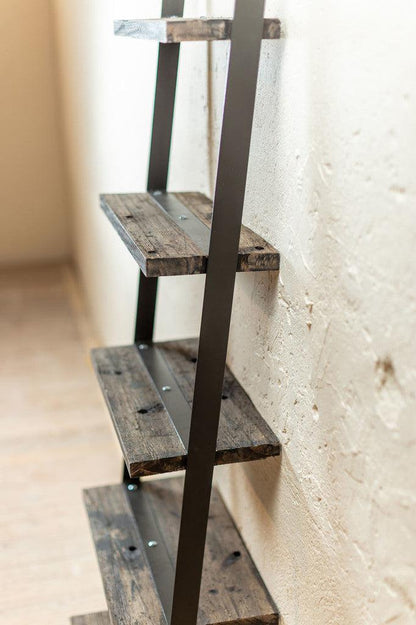 Stone County Ironworks Urban Forge 24" Burnished Gold Iron Ladder Wall Shelf With Pewter Iron Accent and Natural Oak Wood Finish Top
