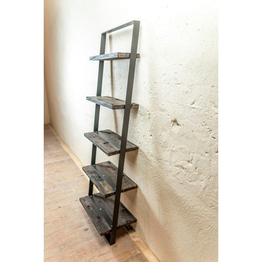 Stone County Ironworks Urban Forge 24" Hand Rubbed Pewter Iron Ladder Wall Shelf With Gold Iron Accent and Oil Stained Oak Wood Finish